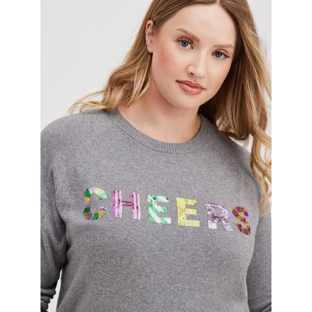 TORRID Cheers Sweater Size 18/20 2X Plus Size CottonPullover Gray Top Sequins